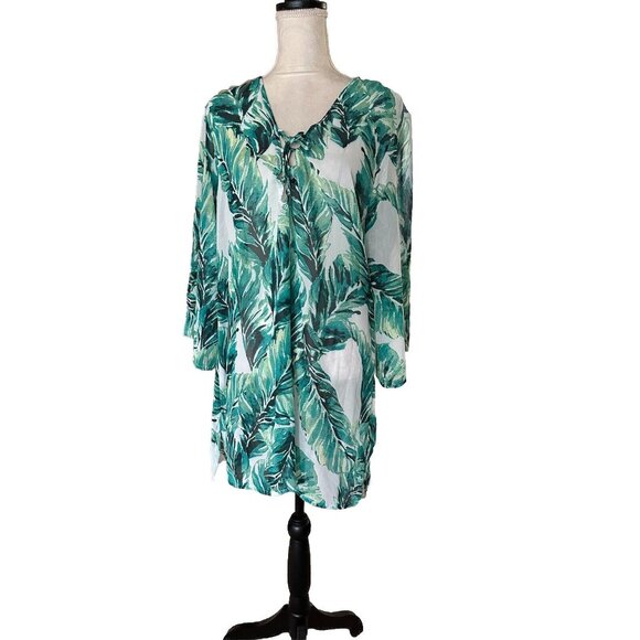 Tropical‎ Green Leaf Print Swim Coverup - Picture 1 of 7